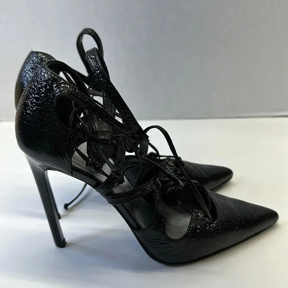 Stuart Weitzman Excite Pointy Toe Lace Up Pumps Heels Patent Leather Black  7 - Picture 4 of 9